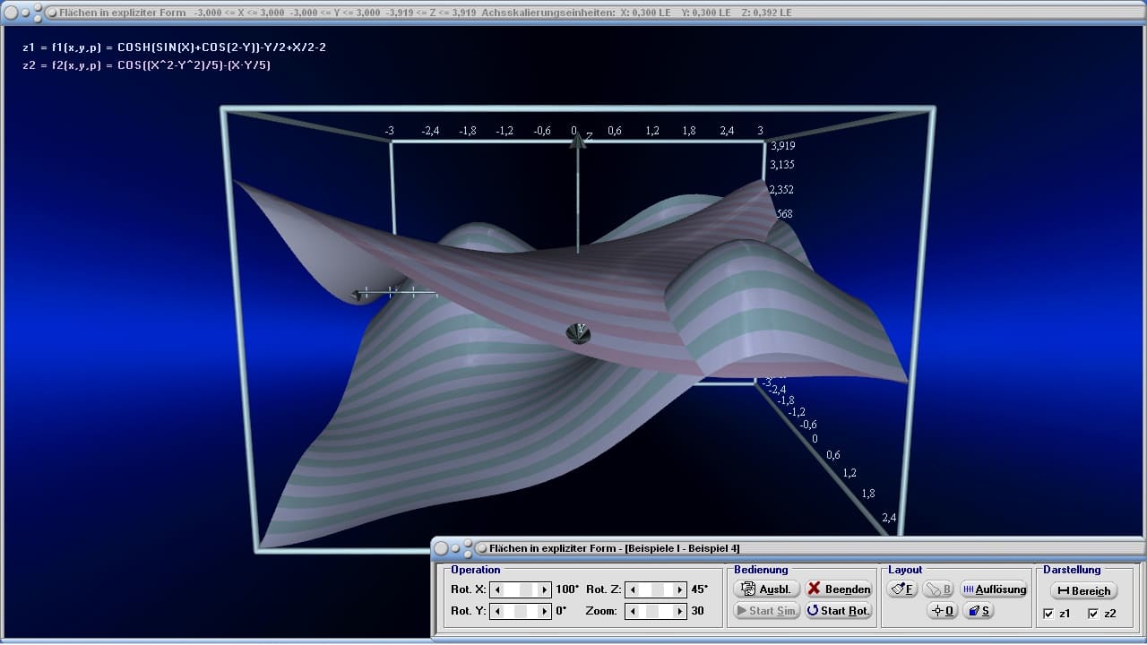 Flächen mit Funktion in expliziter Form - Bild 2 - Mehrdimensionale Funktionen - 3D-Funktionsplotter - Funktion f(x,y) - 3D-Funktionsplot - Graphen für 3D-Flächenfunktionen - Plotten - 3D-Funktion zeichnen - 3D-Graphen zeichnen - Graph - Dreidimensionale Funktion z = f(x,y) - 3D-Grafikrechner - 3D-Flächen - Flächendarstellung - Darstellen - Plotter - Rechner